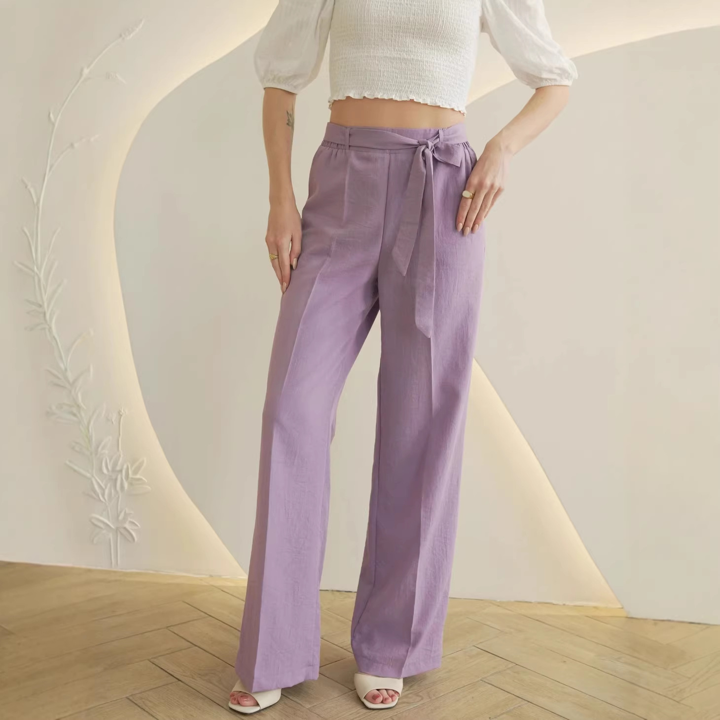 2025 Amazon New Foreign Trade European and American Fashion Women's Trousers with Slanted Pockets and Waist Belt Design