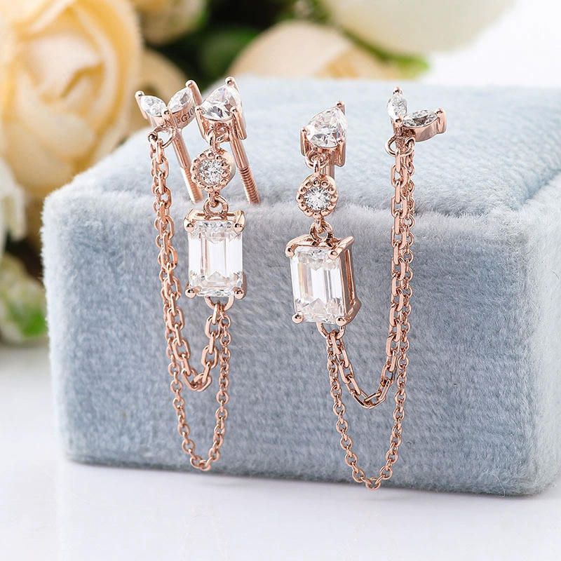 Японская и корейская мода кисточкой кулон двойное ухо серьги 18K реального золота инкрустированные Mosang дрель длинные двойные отверстия серьги уложенные серьги