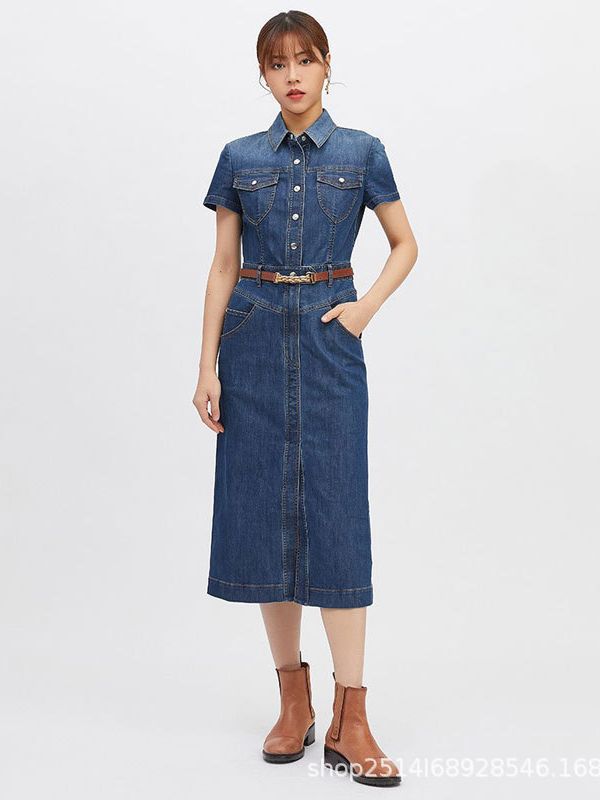 Váy denim dài nữ phong cách cổ điển, thắt eo tôn dáng — Màu xanh lam