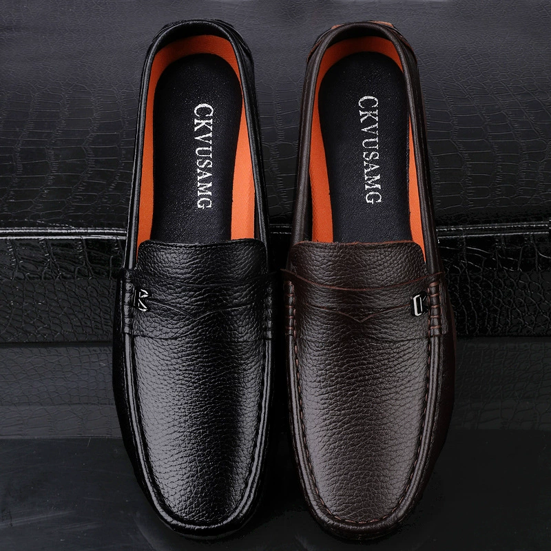 2025 новые бобовые ботинки мужские кожаные мягкие подошвы один педаль повседневные ленивые ботинки дышащие тренды дикие ботинки папы