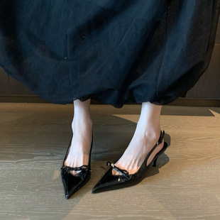 Fashion essence! High Heeled Baotou Sandals Women's 2024 New Bow Black Pointed Thin Heeled Air Shoes