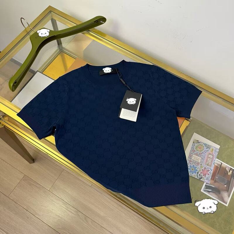 2026 G-brand correct fit knitted shirt, high elasticity, round neck, short sleeve T-shirt, small square pattern, slim fit women's T-shirt 2026 G-brand correct fit knitted shirt, high elasticity, round neck, short sleeve T-shirt, small square pattern, slim fit women's T-shirt
