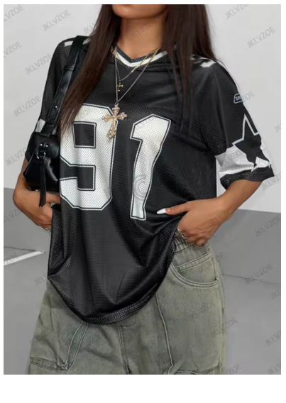 ヨーロッパとアメリカのストリートスタイルビッグナンバープリントVネックルーズTシャツホットガールヒップホップスポーツ速乾性多用途カジュアル半袖|undefined