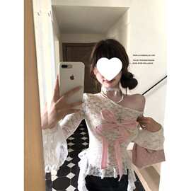 蝴蝶结撞色长袖蕾丝衫恤女秋季修身显瘦甜美设计感薄款斜肩上衣