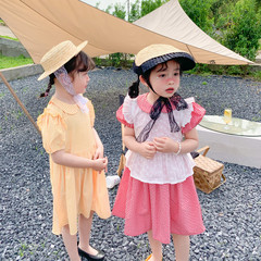 Cross-border South Korean children's summer new retro pastoral checkered bell sleeve puffy dress children's stylish princess dress