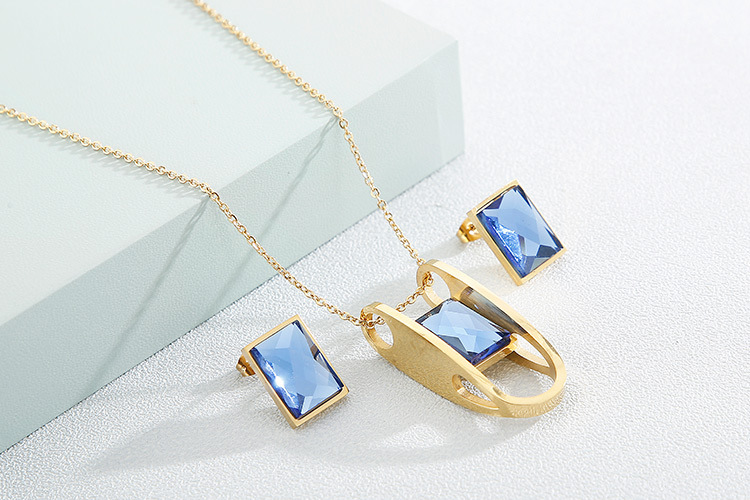 European and American Style Fashion Trend Titanium Steel Rhinestone Glass Geometric Necklace and Ear