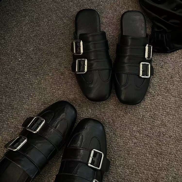 High-Appearance Versatile Black Mule Shoes with Belt Buckle for Women, 2026 Spring/Summer New Slip-On Closed-Toe Half Slippers High-Appearance Versatile Black Mule Shoes with Belt Buckle for Women, 2026 Spring/Summer New Slip-On Closed-Toe Half Slippers