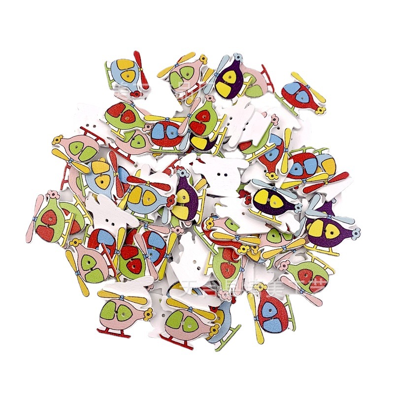 Seis de dibujos animados fondo blanco autobús coche botones de madera pintado helicóptero botones de madera 50 piezas paquete