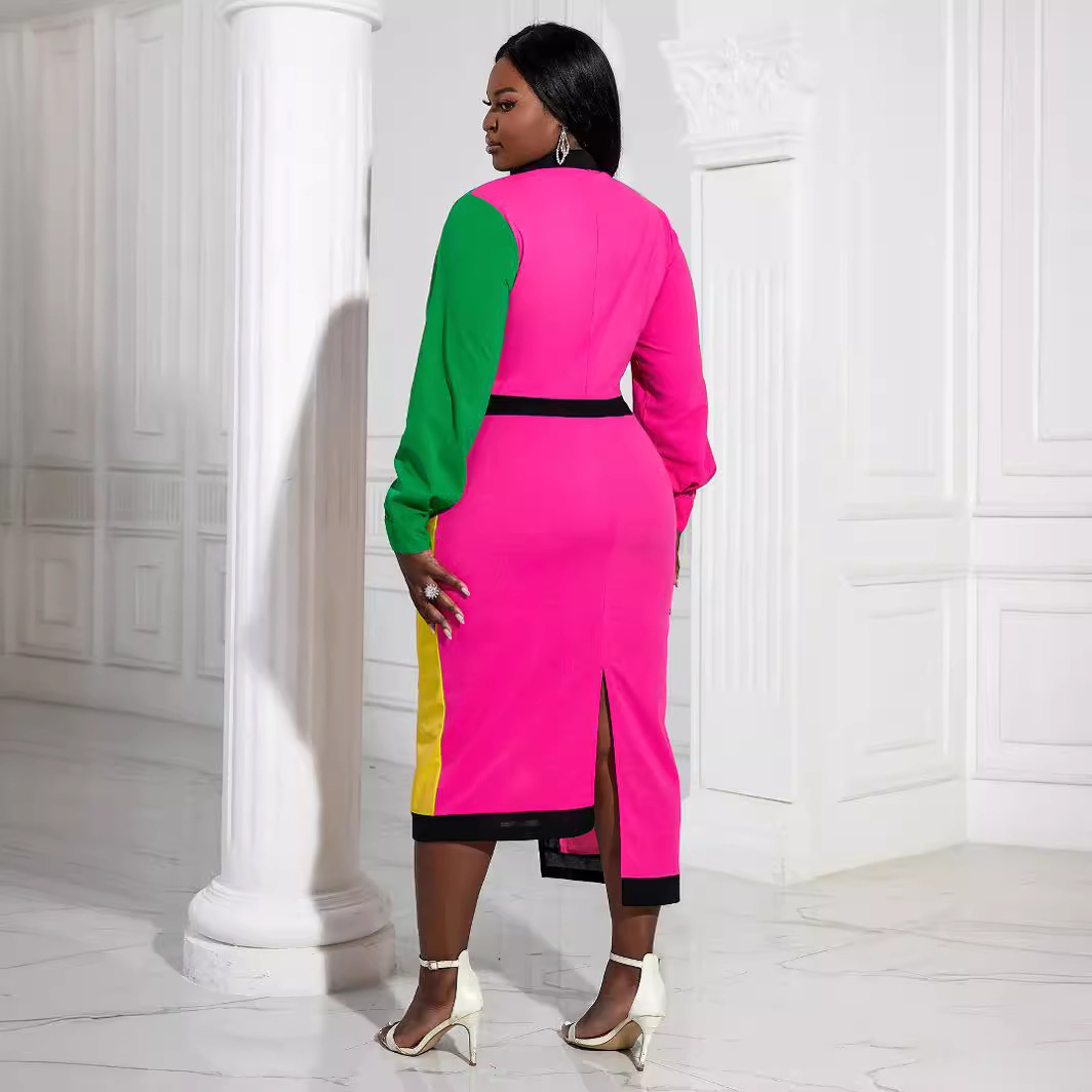 Abbigliamento da donna AM221142 vestito a maniche lunghe abbinato al colore Piccolo vestito asimmetrico con gonna a vita alta e personalità a contrasto di colore_voghion.com