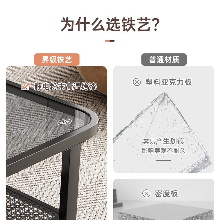 Mesa de té sala de estar doméstica pequeña casa sofá tabla lateral 2025 nueva mesa de té de vidrio cuadrada de hierro forjado mesa de té de doble capa