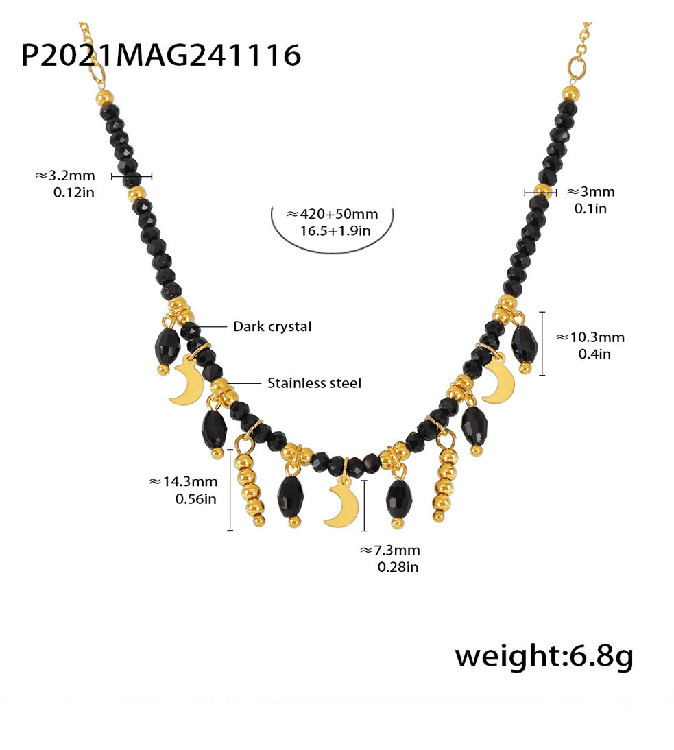 Sugar Cube Retro Temperament Black Crystal Moon Tassel Pendant Clavicle Necklace Stainless Steel Dark Queen Jewelry_voghion.com