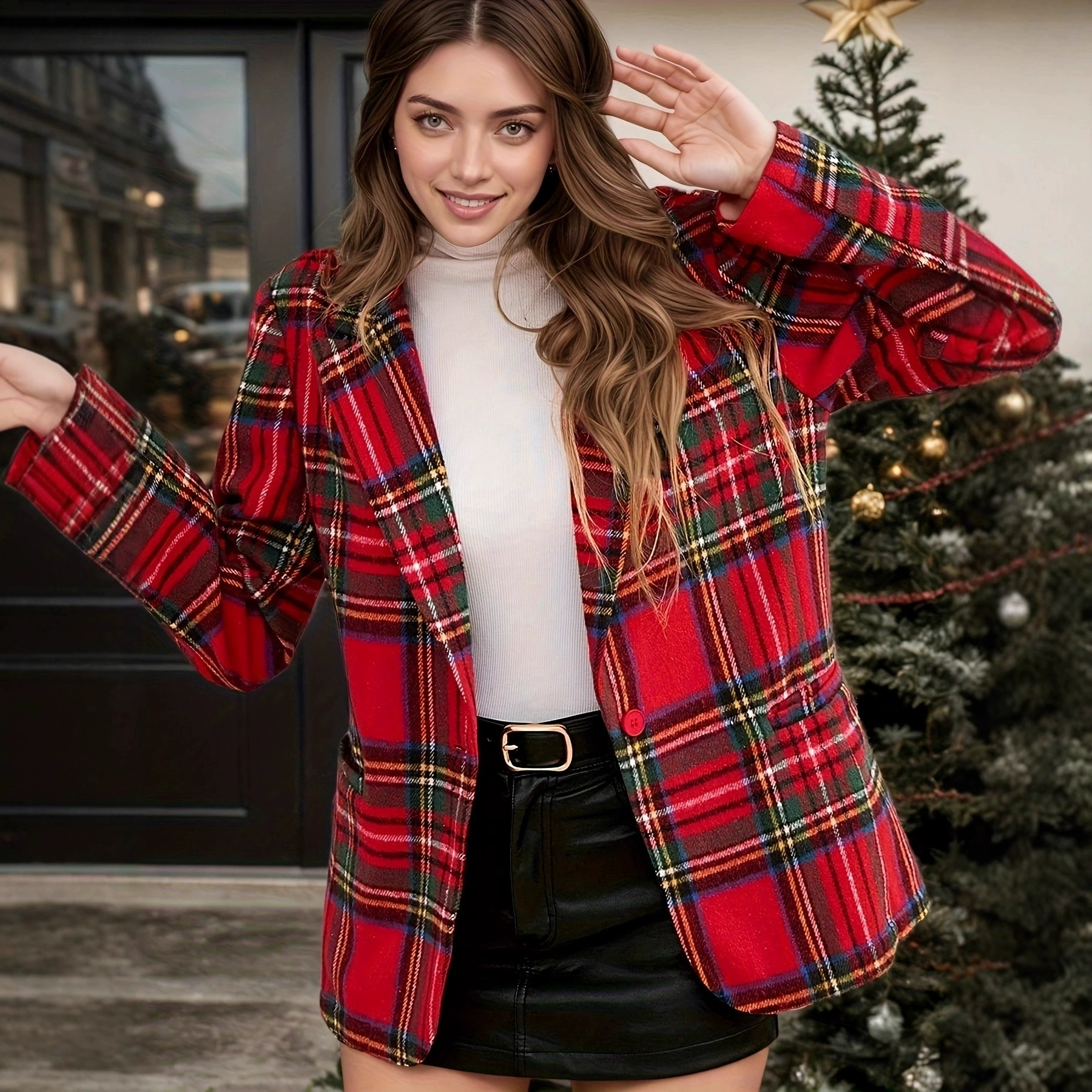 跨境热卖亚马逊速卖通wish欧美秋冬季圣诞红色格子长袖西装外套