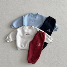 童装韩版秋冬装新款套装时尚刺绣字母拼色休闲加绒加厚卫衣两件套