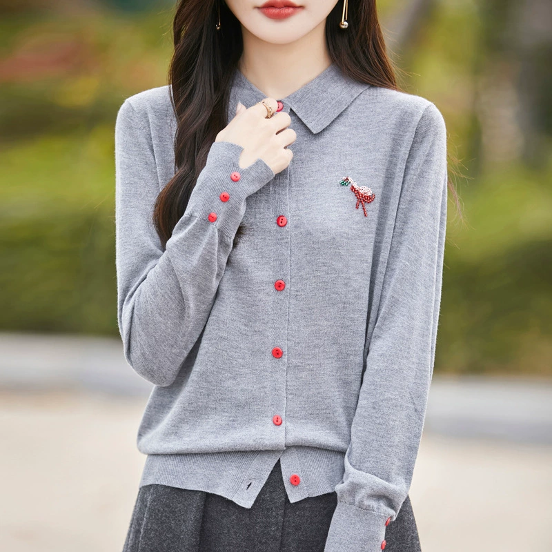 Весенний кардиган из новой камвольной шерсти с воротником-поло, вязаный с ромбовидной вышивкой на манжетах и разрезом, женский топ.