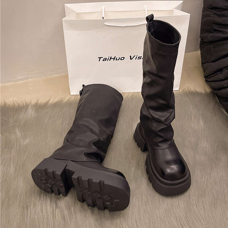 Fashionable temperament, slim mid length stacked boots, 2024 autumn new style, thick soled retro pants, long leg knight_voghion.com