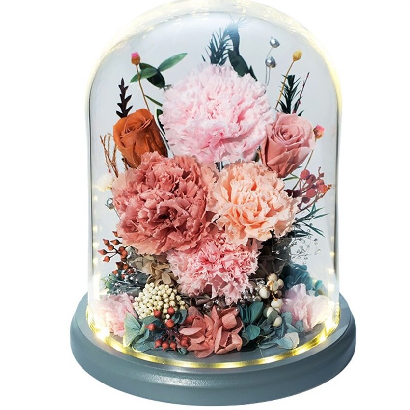 Venta al por mayor de fábrica de adornos terminados con cubierta de vidrio de claveles de flores eternas, regalo del Día de la Madre para mamá y ancianos, regalo de alta gama.