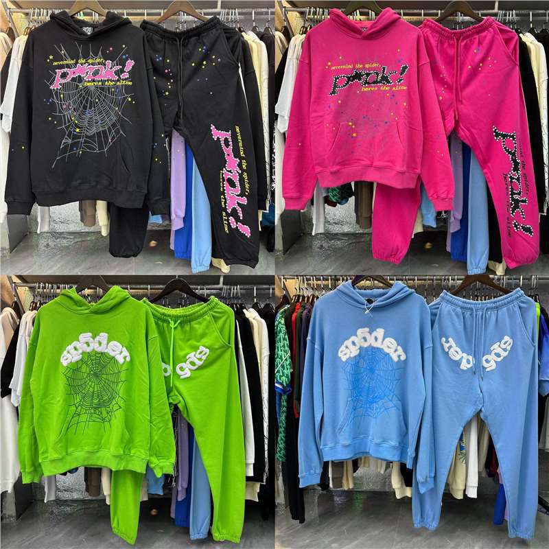 Sp5Der Black Punk Hoodie Sweatshirt Spider Web 55 Celebrity Style European and American Hip-Hop Trendy Autumn and Winter Set