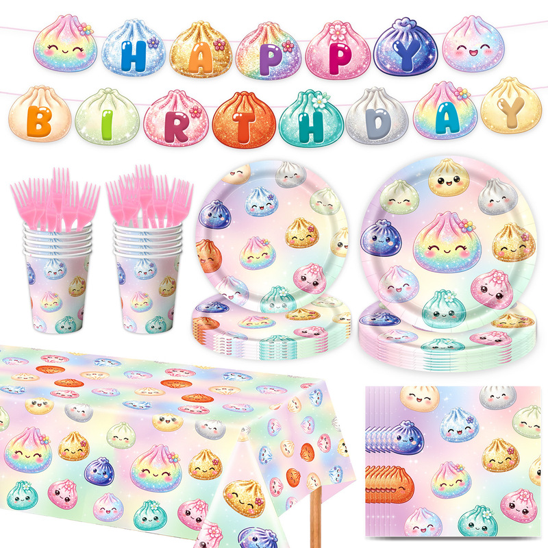 New cross-border macaron-colored party decoration supplies, squishy toys, paper napkins, tablecloth, decorative tableware set