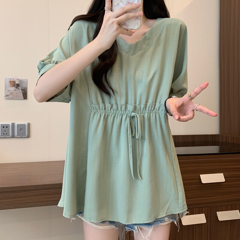 Mint Green Chiffon Short-Sleeved Shirt for Women, Summer New Plus-Size Waist-Cinching Slimming Loose-Fitting Stylish Top That Covers the Belly