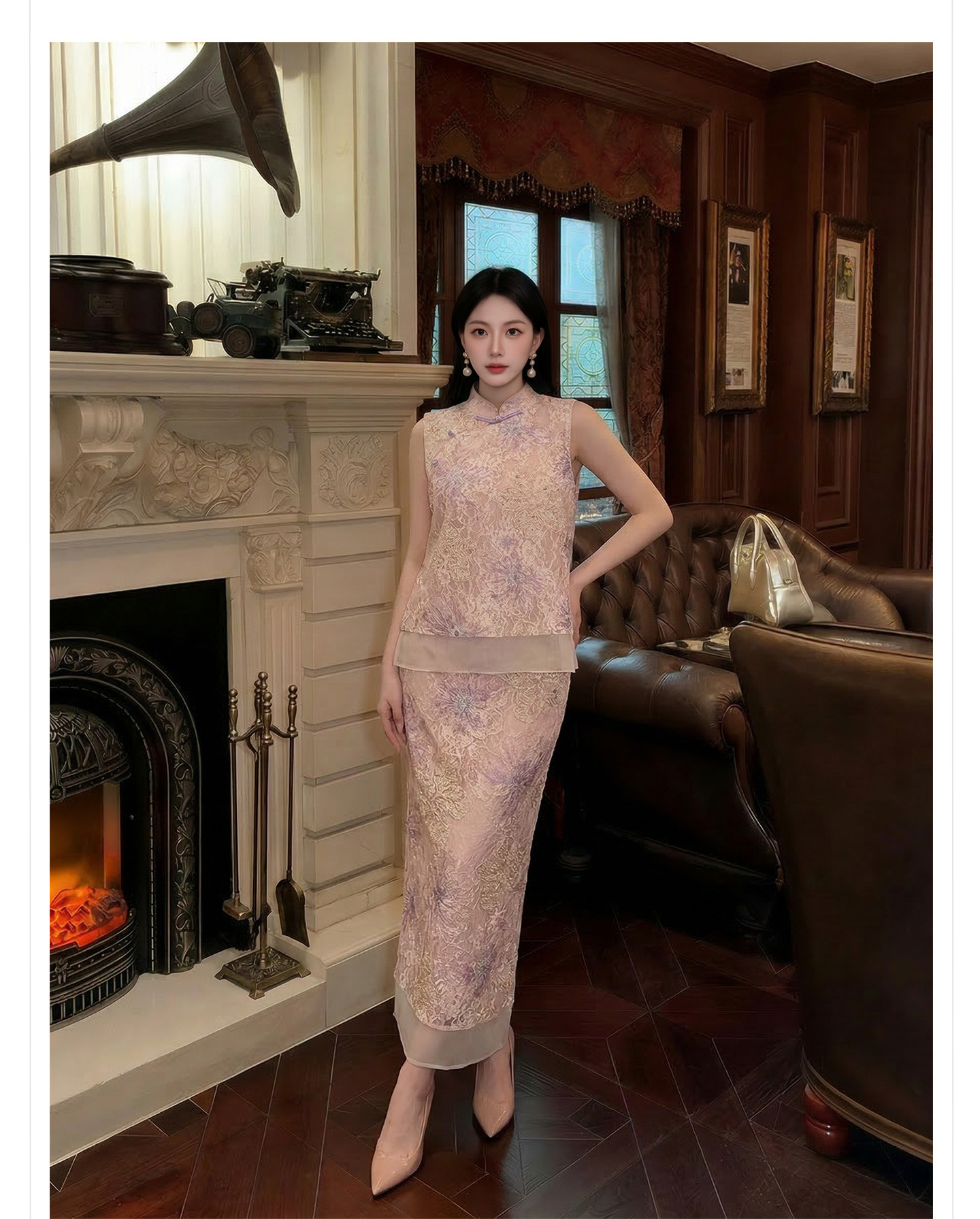 Set áo khoác gile + chân váy maxi Tân Trung Hoa thêu hoa, tay phối ren, eo thắt dây — nửa váy, Trang chủ chi tiết 6
