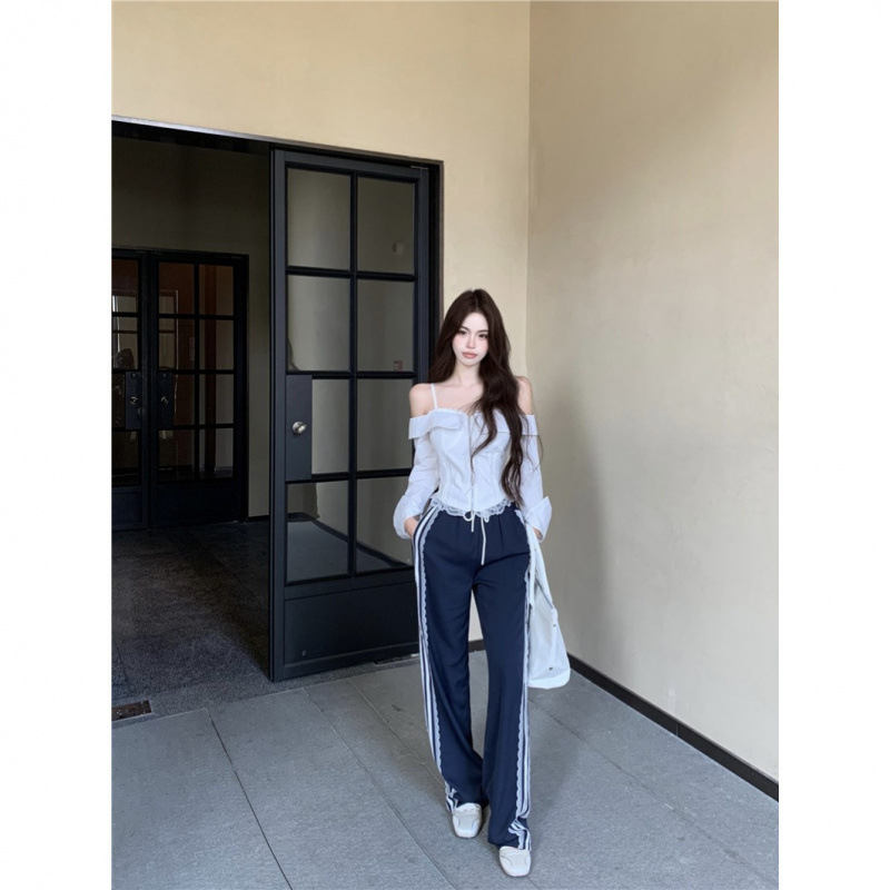 One-Shoulder Lace Splicing Long-Sleeved Shirt Women's Spring Slim Waist Shirt with Stylish Design