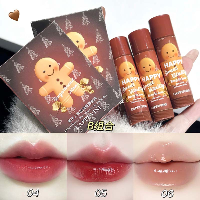 Cappuvini Gingerbread Man Juego de lápices labiales coloreados Hidratante, Hidratante, Nutre los labios, Cuidado de los labios, Raligera las líneas de los labios, Maquillaje transfronterizo