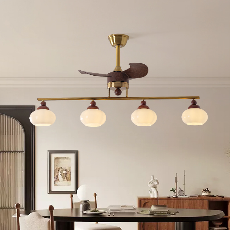 Lámpara de ventilador de sala de estar de estilo medieval, hogar retro, grano de madera de nuez, nuevo dormitorio, ventilador eléctrico, candelabro, lámpara de ventilador de restaurante