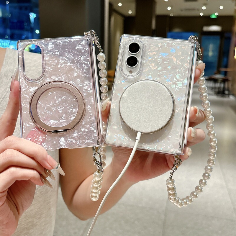Light luxury shell-patterned rotating stand compatible with Samsung Z Fold 20% off phone case, full-coverage mid-frame protective case with handle