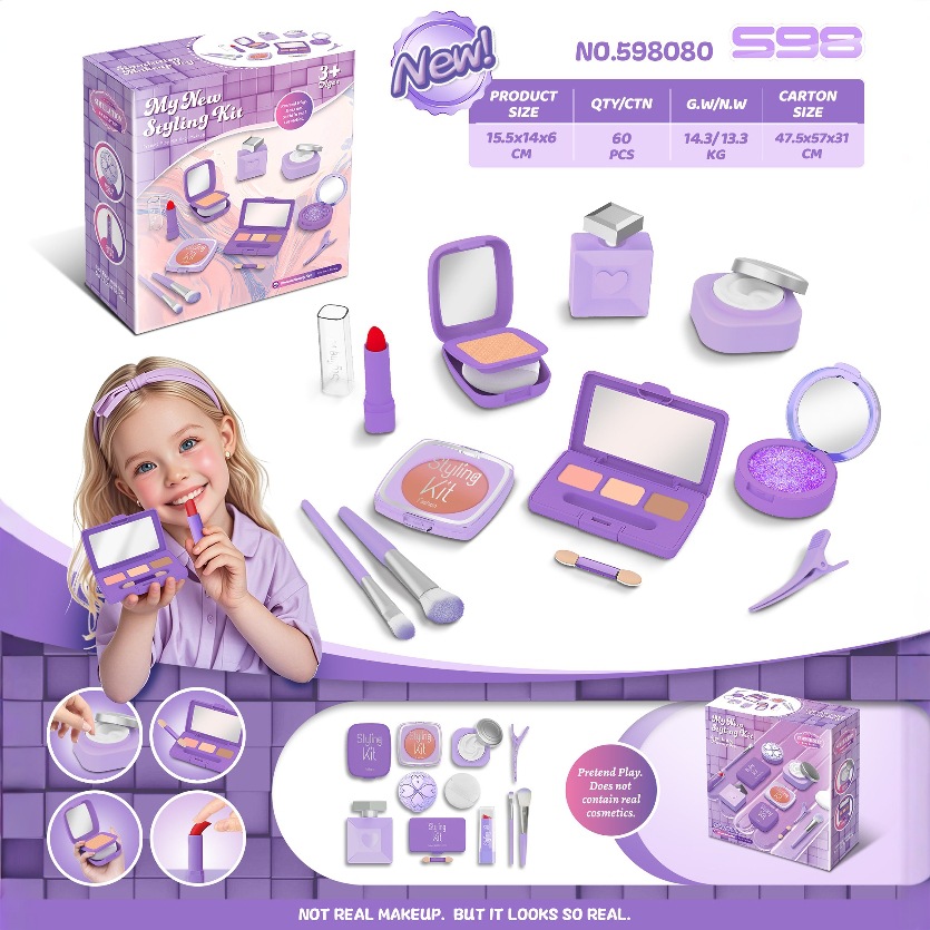Mother & Kids Non-Toxic Pretend Makeup Toy Set Safe & Fun Role Play Cosmetics Kit With Colorless Blush & Mirror (Pink/Black/Blue/Purple, 17-Piece)_voghion.com