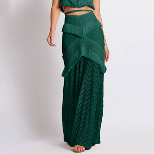 European and American Cross-border Tassel Stitching Hollow Design Solid Color Skirt High Waist Slimming Skirt Women's 23120870