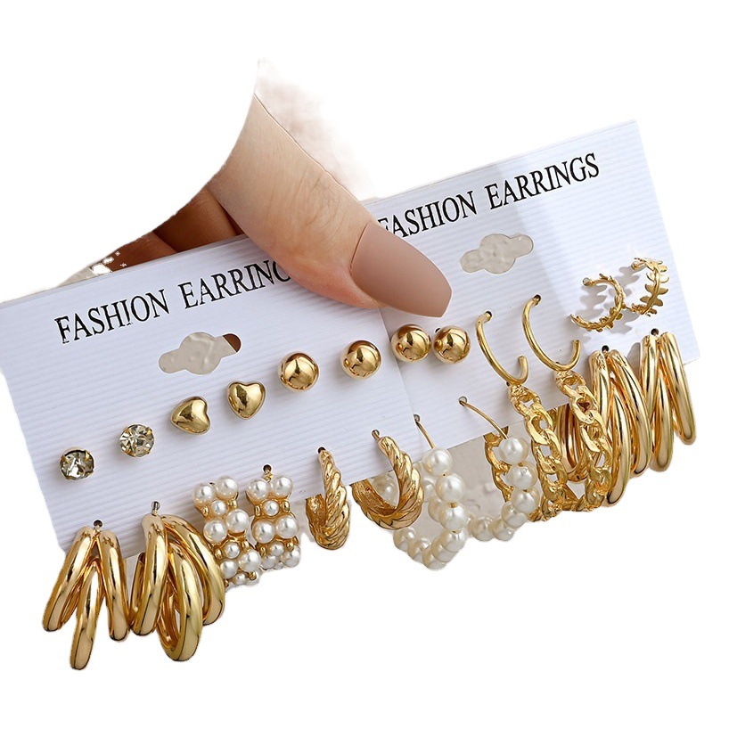 XP17 Retro Geometría de Oro Lady Pendientes Set Moda Perlas Circulares Orejeras Earringsset