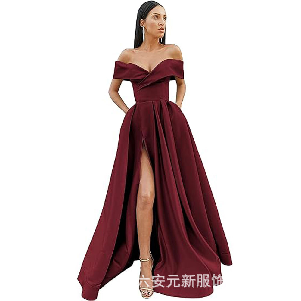 Amazon Comercio exterior fuera del hombro prom vestido de noche largo split sexy Fiesta de las mujeres vestido de banquete