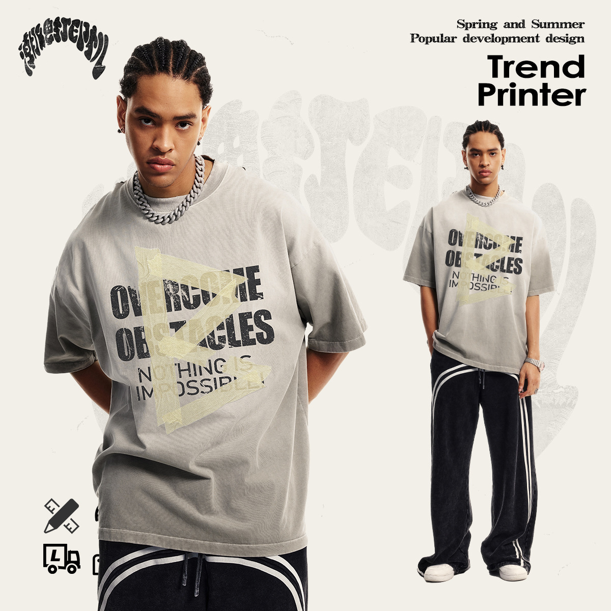 Impresora de marcas| 2025 primavera y verano marca de marea de algodón juvenil tipo suelto lavado camiseta de manga corta de alta calidad para hombres