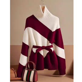 日系复古宽松软糯针织衫温柔慵懒风红色拼接高领毛衣打底衫女冬季