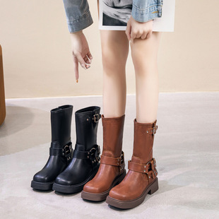 Genuine Leather Belt Buckle Martin Boots Women's 2024 British Style Retro Mid-Barrel Ankle Boots Thick-soled Western Cowboy Boots Knight Boots
