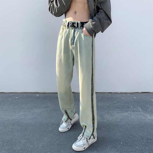 Men's Summer Thin Yellow Clay Color Zipper Design High-Waisted Wide Leg American Street Style Loose Straight Leg Pants