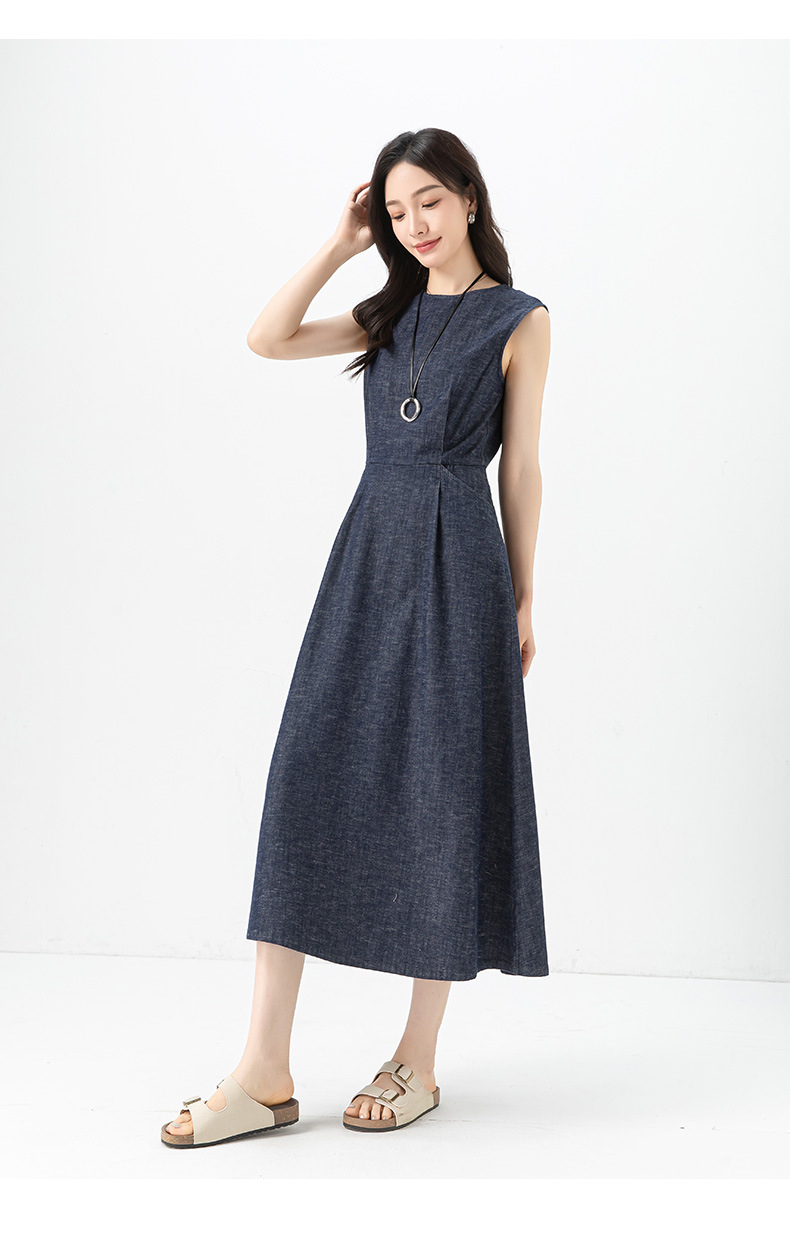 Đầm denim nữ không tay cổ tròn thắt eo dáng midi — Xanh da trờicolor chi tiết 27