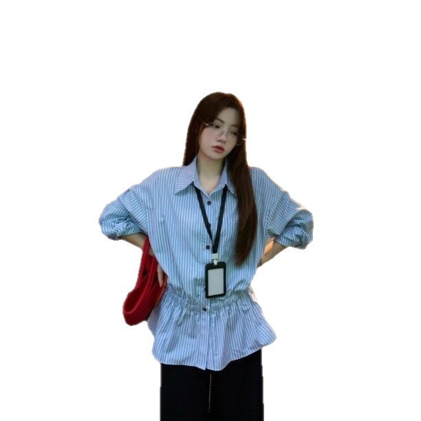 韩系通勤百搭Polo领条纹衬衫女大码胖mm早秋时尚显瘦内搭长袖衬衣|undefined