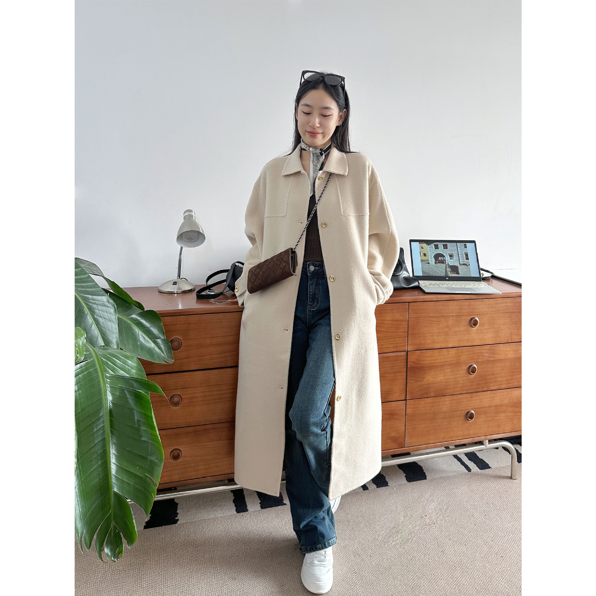 LP 폴 엔드 라이트 럭셔리! 100 Quan 양모 싱글 브레스트 무릎 길이 양면 양모 코트 여성의 가을 및 겨울 코트