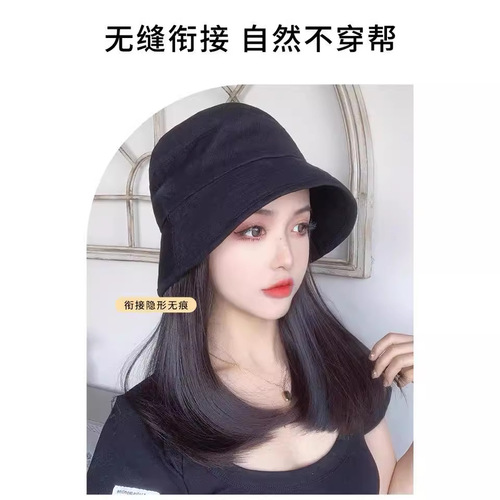 Fisherman Hat Wig Women Summer Fashion One-piece Collarbone Medium Long Hair Fisherman Hat Wig Full Head Cover Imitation Full Real Hair