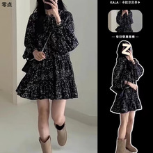 2025春季新款茶歇法式黑色长袖碎花连衣裙子女小个子茶歇裙亚马逊