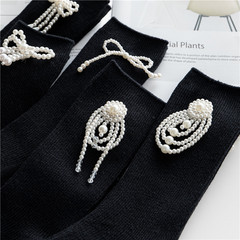 中筒襪子女春秋珍珠重工掛飾jk黑色2021新款設計感高筒棉長襪