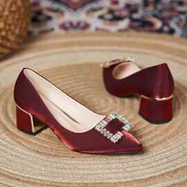 旗袍婚鞋方跟新款中老年粗跟妈妈红色高跟鞋婚礼喜婆婆婚宴鞋