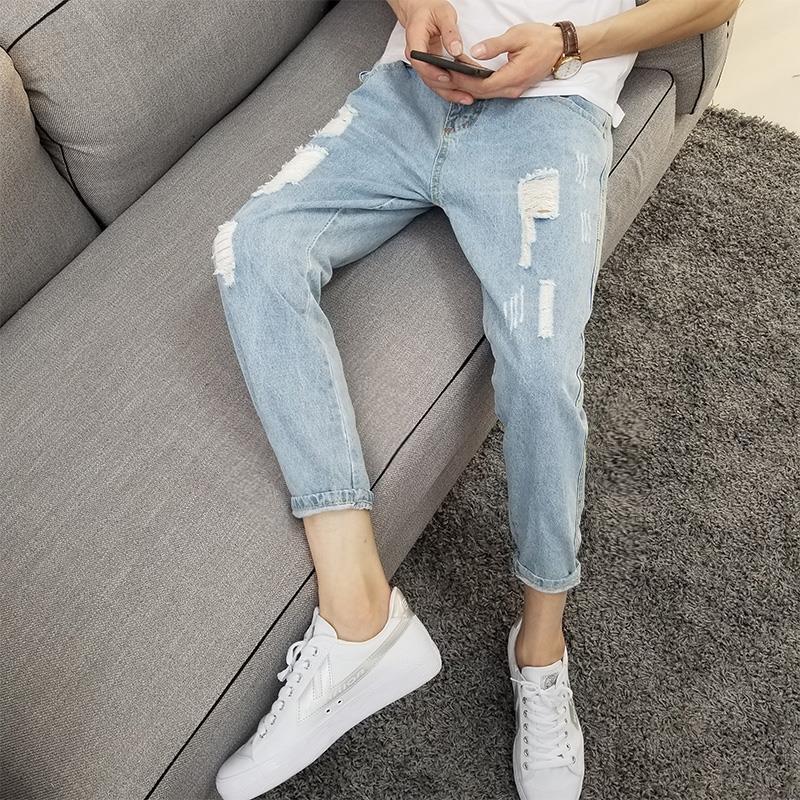 Light-colored Ripped Jeans Men's Slim-fit Skinny Ankle-length Pants Instagram Spring 9-point Scraping bf Beggar Pants Korean-style Trendy