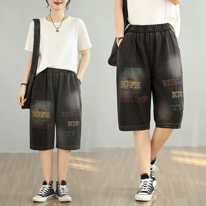 Фото летних художественных джинсов большого размера с тонким принтом 2025 года, американские широкие брюки средней длины, свободные, стройнящие, в стиле шароваров