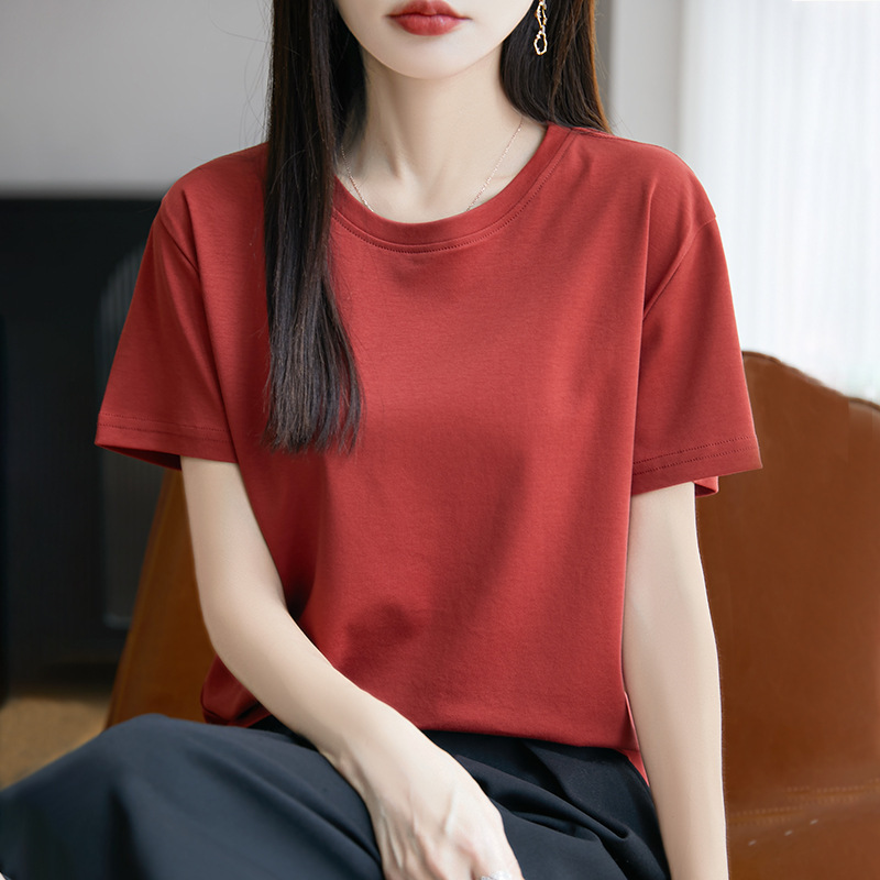 High Count 100 Pure Cotton Short-Sleeved T-Shirt for Women 2025 Summer New Round Neck Large Size Right Shoulder Vest Mercerized Cotton Top