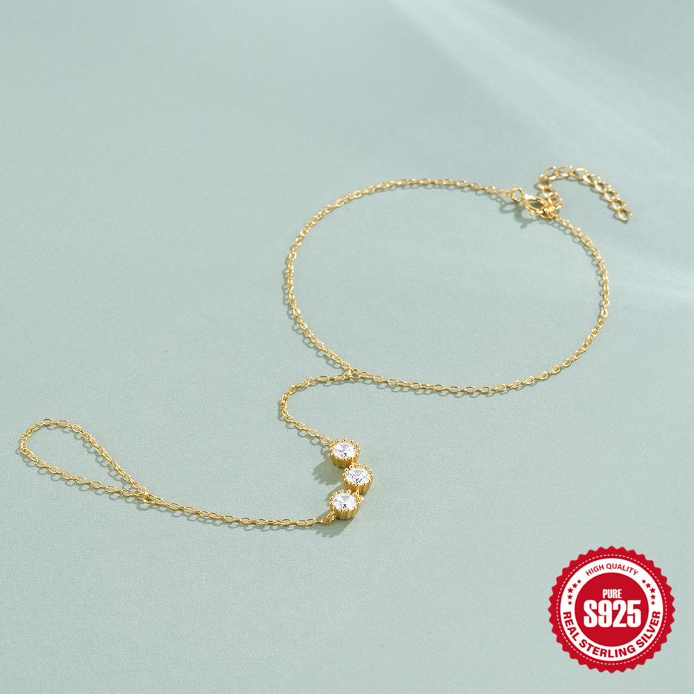Transfronterizo s925 plata esterlina moda y temperamento simple 3 exquisitos diamantes pulsera femenina con cadena de anillos joyería de mano de moda