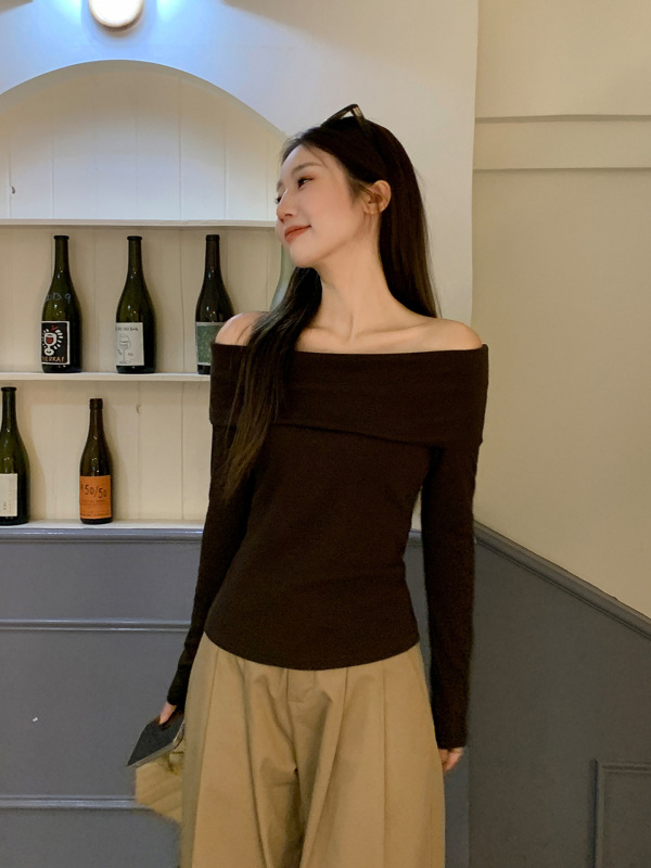 设计感早秋穿搭一字领露肩长袖T恤女2025新款打底衫修身显瘦上衣|undefined