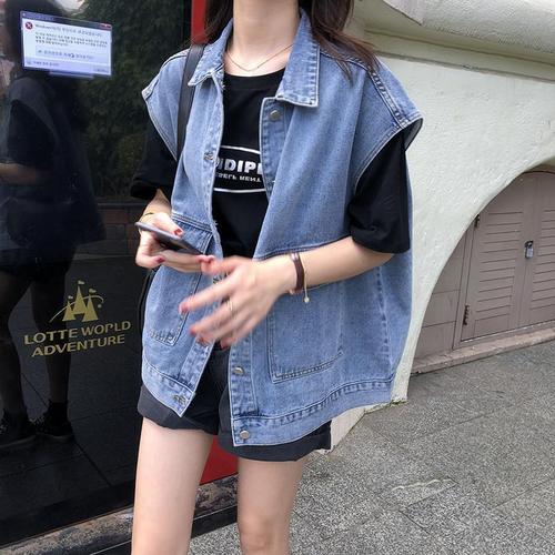 Women's Short denim vest, Korean style, spring jacket, sleeveless, loose, trendy, backless