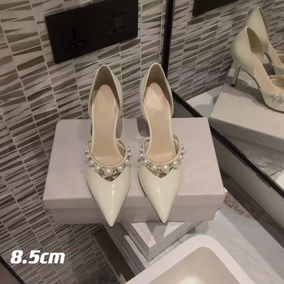 Version JC Chaussures pointues en cuir verni à talons hauts, talon fin, bride en perles, bouche peu profonde, chaussures simples creuses, sandales à bout fermé_voghion.com
